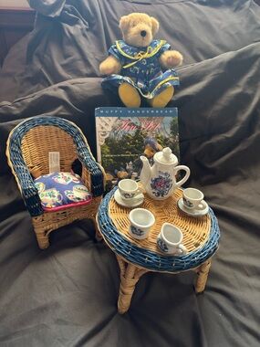Muffy Vanderbear Tea Set with Wicker Chair & Table - Blue Accents